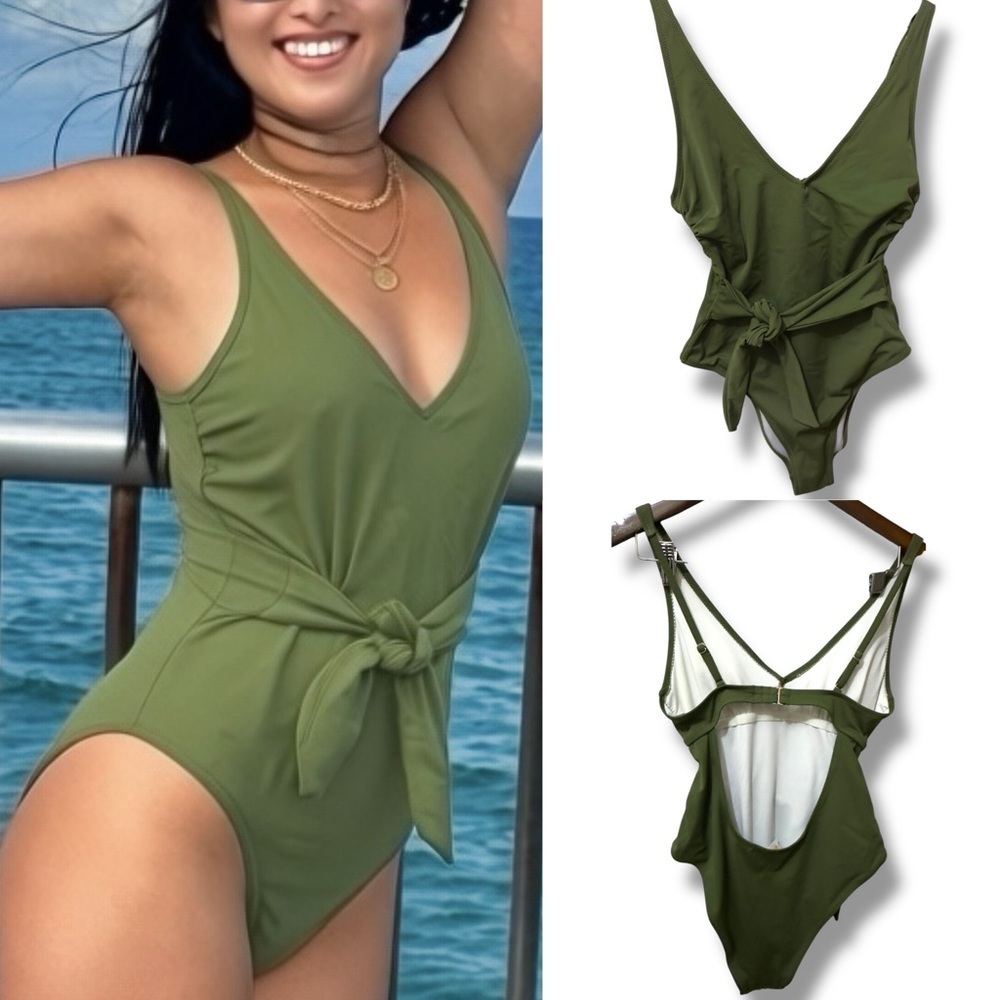 Shade & Shore |EUC Indonesia Olive Green Cutout Tie-Waist One-Piece Swimsuit (M)